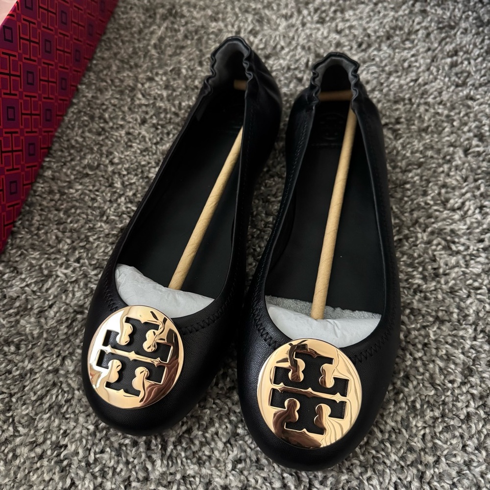 Tory Burch Minnie Leather Travel Ballet - Perfect Black/Gold
